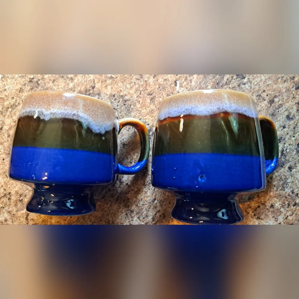 Vtg Retro Drip Glaze High Gloss Stoneware Coffee Tea Cup Mug Blue Brown Cream 2